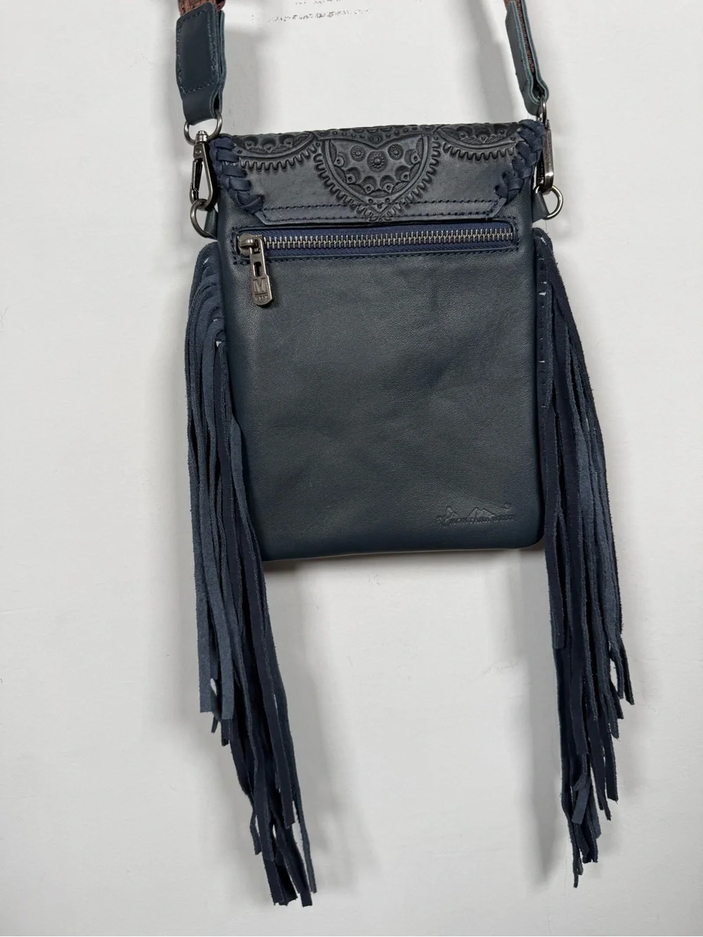 Montana West Navy Blue Genuine Leather Hand Tooled Mandala Fringe Crossbody Bag